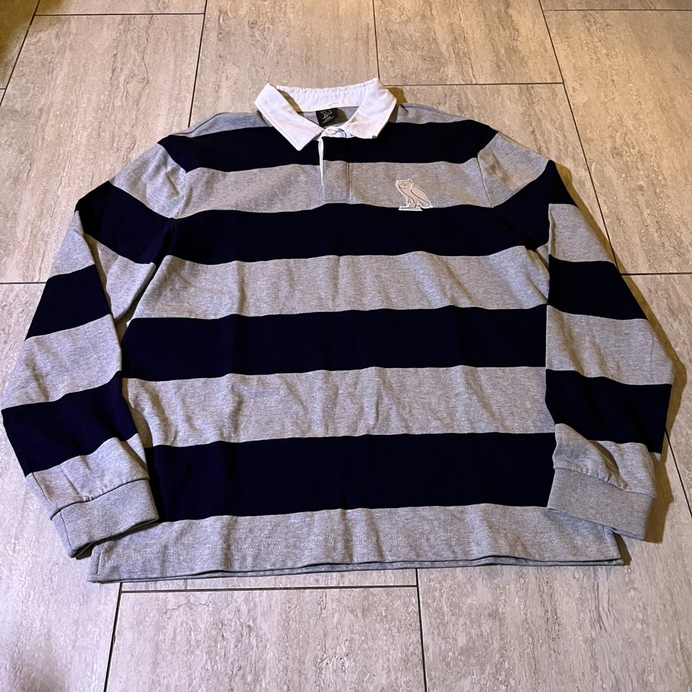 October's Very Own Rugby Shirt Mens Large Gray Navy Stripe Long Sleeve OVO